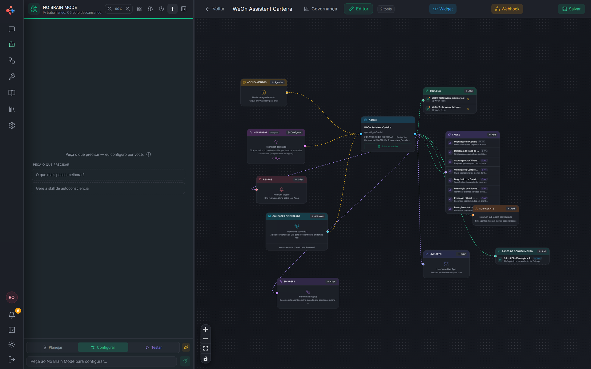 Canvas do agente no WeON Studio: No Brain Mode, blocos e conexões
