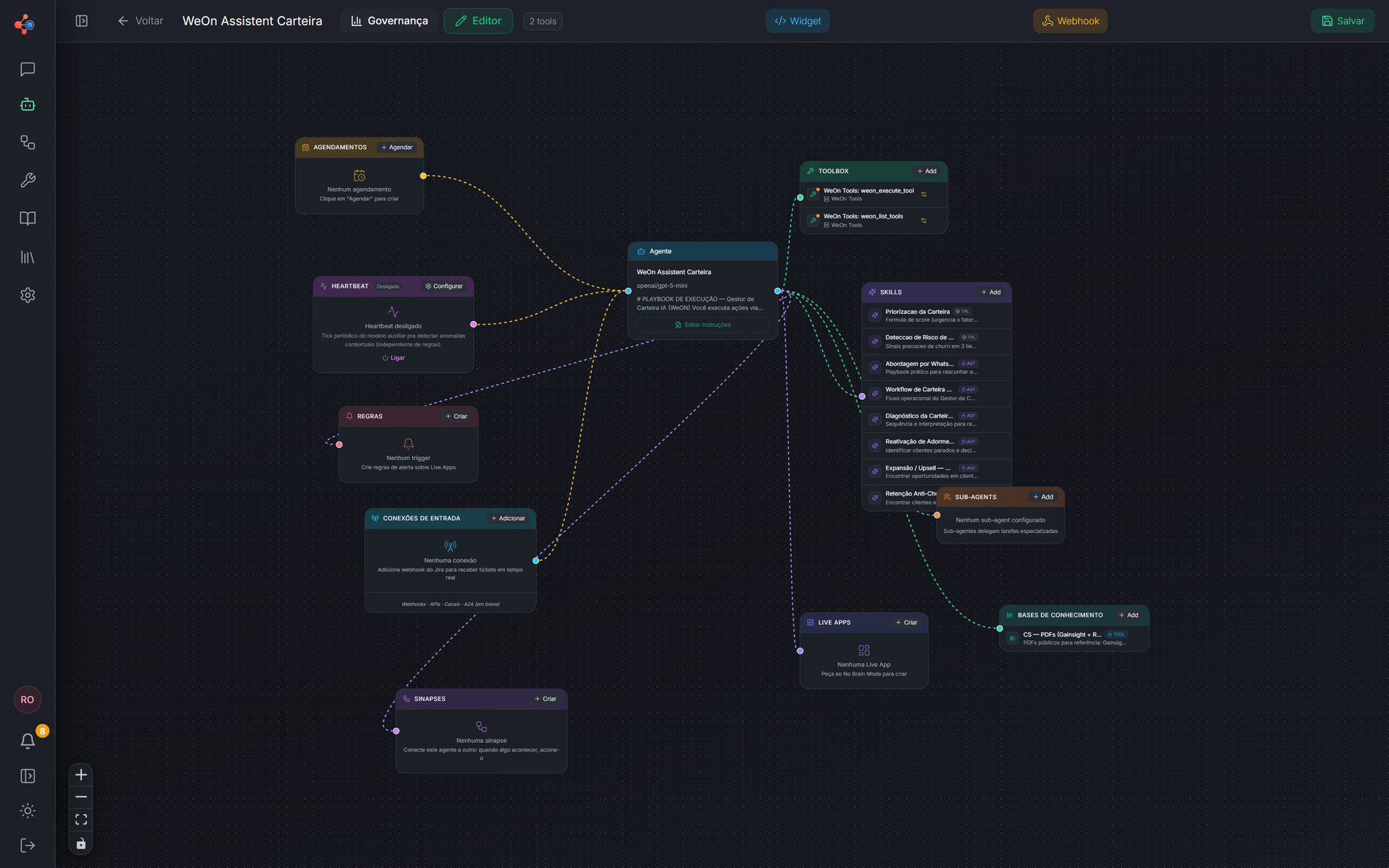 WeON Studio: canvas do agente com No Brain Mode, Skills, Toolbox e bases conectadas