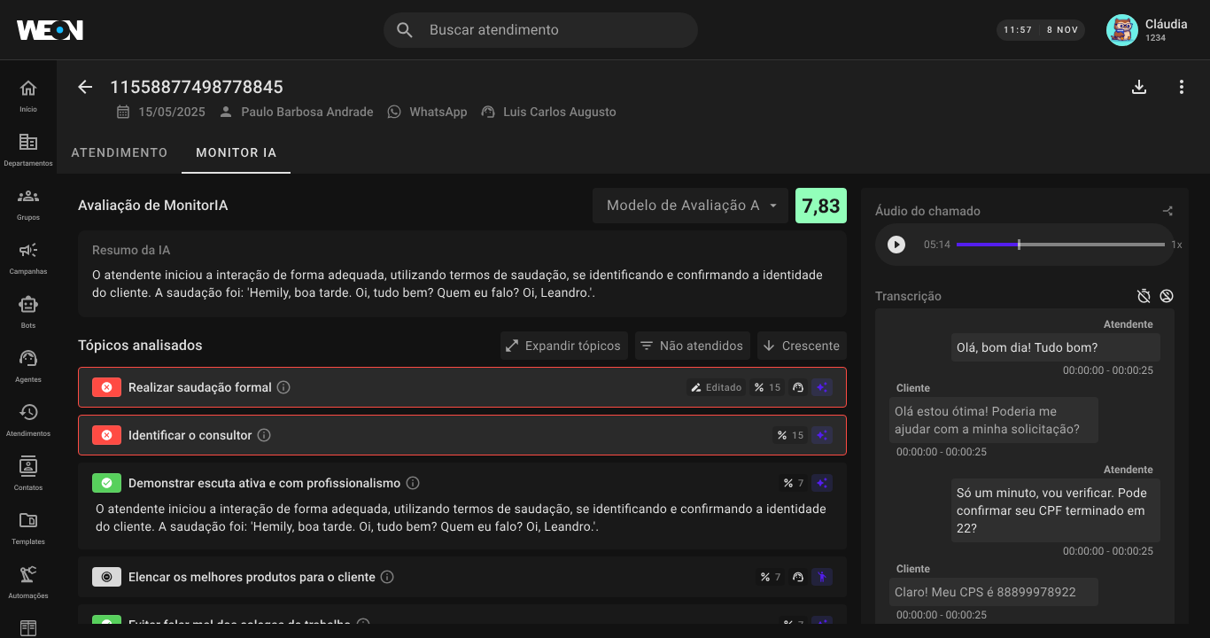 Análise da MonitorIA: nota, resumo da IA, tópicos avaliados e transcrição com áudio